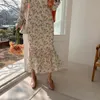 BGTEEVER Élégant Ruché Floral Imprimer Femmes Robe D'été Sexy Col En V À Manches Longues Femme Robes Longues D'été En Mousseline De Soie Vestidos T200603