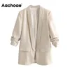 Aachoae Women Office Wear Blazer Coat 2020 Gekleed Kraag Casual Pockets Pak Blazers Solid Ploofed Mouw Chique Uitloper Tops LJ200911