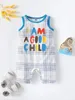 Baby slogan plaid print contrast bindende romper zij