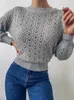 Mulheres suéteres mulheres soltas de malha sexy rodada pescoço manga comprida oco out pulôver malhas camisola tops outwear wdc8606