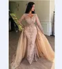 2021 Arabski szampan koronkowy syrena wieczorowe sukienki z odłączoną spódnicą długie rękawy Dubai Lady Formalne sukienki na bal