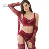 Varsbaby Sexy Kant Ultra-Thin Push Up Underwear Set Nightgown + Bra + Garters + Slipjes + Kousen + Thong 6 stks LJ201031