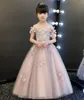 新しい到着のフラワープリンセスガールドレスの肩のないバプツィムピンクチュールパーティーの結婚式の誕生日ガウンキッズロングチュチュドレス