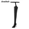 Aneikeh 2021 Vår / Höst Punk Style Women Pu Over-the-Knee Skor Pekade Toe Thigh High Heels Stövlar för Kvinnor Storlek 35-42 Svart LJ210203