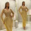 Luxury Yellow Prom Dresses Long Sleeves Sequins Beads Evening Dress Glitter Bling Feather Custom Made Sweep Train Formal Party Dress