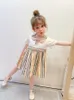 Meisjes ontwerper prinses jurk schattige kinderen streep splitsen korte mouw feestjurk kinderen klassieke stijl gestreepte casual jurken C6762