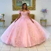 2023 Light Pink Floral Flowers Lace Quinceanera Prom Dresses Tulle Off The Shoulder With Big Bow Corset Back Formal Party Sweet 161967518