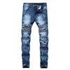 2020 Nya magra rippade motorcykelcyklist Jeans Mens plus storlek 28-42 Black Camouflage Patches Jeans For Men High Stretch