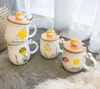 Кружки корейской творческой личности простой кружка мультфильм милая керамическая чашка с деревянной крышкой ложка домой завтрак кубок молока1
