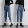 Dames jeans blauw grijs hoge taille dikker vevet vrouw plus size losse denim harembroek vintage casual chique jean broek herfst winter