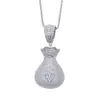 Collier en zircone cubique entièrement pavée pour femmes, pendentif de sac d'argent en Dollar glacé, Hip Hop, avec boîte de Tennis, chaîne 245y