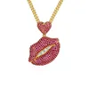 Hip Hop Full Red Zircon Shining Lips Pendant Necklace Gold Plated Bling Mens Necklace Rap Jewelry