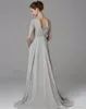 Bescheiden grijze chiffon moeder van de bruid jurken met korte mouw kant geappliceerd kralen moeder gasten jurk op maat gemaakte lange avondjurken