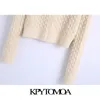 KpyTomoa Moda Moda Veludo arco listrado Sweater de malha texturizado vintage Manga longa Button-up feminino Tops chiques 201204