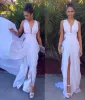 White V Neck Prom Dresses Sheath Custom Made Plus Size Golvlängd Chiffon Sexig Front Slit Evening Party Gown Formal OCN Wear Vestidos