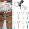 Wooden Tassel Bead String Bracelet Keychain Food Grade Silicone Beads Bracelets Women Girl Key Ring Wrist Strap Beaded Wristlet Bangle Chains for with Leather