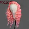 Peluca rosa de estilo ondulado largo, parte lateral, peluca con malla frontal sintética, pelucas de encaje de ondas profundas de fibra de alta temperatura para mujer, Cosplay