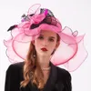 Fs sommar kyrka hattar för kvinnor elegant rosa organza damer tea party bröllop hatt stor bred brim fascinator vintage fedora y200602