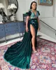 Aso Ebi 2020 Arabe Vert Foncé Sexy Robes De Soirée En Dentelle Perlée Robes De Bal Sheer Cou Formelle Partie Deuxième Réception Robes ZJ295