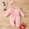 Spring Baby Girl Rompers born Clothes Toddler Flare Sleeve Solid Lace Design Romper Jumpsuit With Headband s 211229