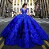 Chic Royal Blue Quinceanera Vestidos fora do ombro cristal frisado renda apliques doce 16 vestido de baile 326 326