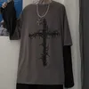 QWEEK Style Gothique Tshirt Mall Tops Punk À Manches Longues T-shirt Surdimensionné Faux Deux Pièces Street Fashion Coréen 220114