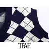 TRAF femmes mode angleterre Style Argyle motif tricoté gilet pull Vintage sans manches lâche femme gilet Chic haut 201123