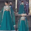 Altın Aplikler Seksi Kaftan Dubai Akşam Elbise Chic Pelerinli Vintage A Hattı Tül Balo Elbise 2021 ile Yeşil Müslüman Abaya Abiye