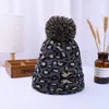 Leopard Knitted Hat Pom Pom Fur Ball Beanies Women Winter Warm Wool Knitting Hat Outdoor Keep Warm Beanie Caps Party Hats w-00427