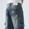 Lato Mężczyźni Jeans Capri Spodnie Przycięte Spodnie Dark Blue Hip Hop Zniszczony Retro Moto Rowerzysta Jeans Męskie Boczne Kieszenie Luźne Fit 42 G0104