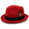 Stingy Brim Hats Women Men039s Feminino Felt Fedora Hat For Lady Winter Autumn Wool Roll Up Homburg Jazz Feather13499489
