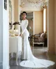 2022 elegantes Langarm-Meerjungfrau-Hochzeitskleid mit Spitze, appliziertes Satin, Boho-Strandhochzeitskleider mit Pailletten, Vestido De Novia XU