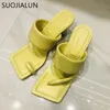 SUOJIALUN nouveau design bout carré mince pantoufles à talons hauts été en plein air sans lacet chaussures habillées dames élégantes diapositives sandale Y200423