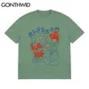 GONTHWID Tees Shirts Harajuku Graffiti Cartoon Flowers Short Sleeve Tshirts Hip Hop Casual Streetwear T-Shirts Cotton Loose Tops 220224