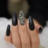 False Nails Matte Black 3D Rhinestone Acryl Nail Tips Coffin Luxe Press op Finger Ballerina 24CT Prud22