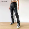 Cargohose Damen Schwarz Kunstlederhose Hohe Taille Hose Taschen Mode Sexy Gerade Hose Streetwear 220104