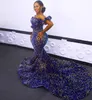 2021 Nouvelles robes de soirée à paillettes africaines sexy portent un bleu royal, plus la taille de l'épaule paillettes sirène robes de bal tapis rouge robe de soirée