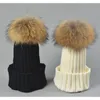 Designer Ladies Knitted Rib Beanies With Real Raccoon Dog Hair Ball Children Fancy Plain Fur Pom Winter Hats Womens K wmtuAT luckyhat237v