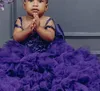 Luxurious Purple Lace Flower Girl's Dresses Sheer Neck Tiers Tulle Little Girl Wedding Dresses Communion Pageant Dress