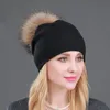Kvinnor med hög kvalitet Dual Layer Wool Sticked Hats med Big Real Pur Pompoms Warm Slouchy Beanies Hat Ladies Fashion Skullies4755248
