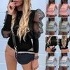 Vrouwen Mode Lange Mouw Sheer Mesh Blouse Sexy Puff Sleeve Tops Vintage Parels Baggy Blouse O Neck Shirts Wijfje