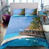 Holiday Temat US Rozmiar Duvet Pokrywa Zestaw Drzewo Morze Plaża Pościel Niebieski Ryba Bedclothes 3D Sunset Holiday Vacation Hotel Pościel Zestaw 201021