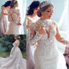 Lüks tam dantel denizkızı gelinlik, aşırı etekler ile mücevher boyun uzun kollu aplike şapel tren gelinlik vestidos de novia