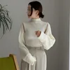 Korejpaa Frauen Sanftes Zweiteiliges Set Solide Stehkragen Dünne Gestrickte Pullover Weste + Langarm Strickwaren Schal Strickjacke Anzug 220302