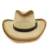 Unisex Braun Sprühfarbe Normalpapier Stroh Western Cowboy Hüte Gürtelschnalle Dekorieren Männer Frauen Breite Krempe Sonnenkappen Strand Schatten Hut Sombrero