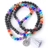 Wojiaer 108 Meditation Multi-Layer Long Strands Armband 7 Chakra Yoga Natural Round Black Volcano Mala Beads Life Tree Tassel Smycken K3211