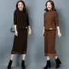 2019 New Women Women Sleeve Longa Turtleneck Sweater Sweater Skirt Skirt Conjunto de saia Lady Runway Terno de saia T200702
