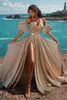 Guld Sequins Evening Dresses Formell Arabic Split A Line Party Vestidos Sweetheart Backless Sexy Women Robe de Soriee Prom Lång