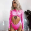 BOOFEENAA Sexy Rosa PU Couro Manga Longa Bodysuit Mulheres Oco Out Backless Bodysuits Festival Party Clubwear C85-AA82 Y200401302q