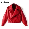 Aachoae Kvinnor Solid Faux Läderjacka High Street Långärmad Beskurna Toppar Lady Slå ner Krage Chic Pocket Coat Ytterkläder 201030